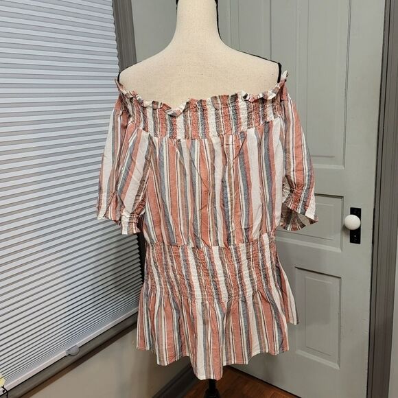 ASHLEY Stewart Striped Off Shoulder Puff Sleeve Peplum Top - Picture 4 of 7